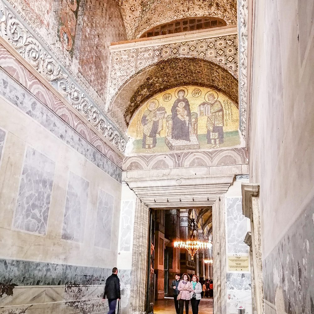 The mosaic panel ‘Emperor Constantine The Great and Justinian’ dates back to the 10th century and is located in the inner narthex, on the Southern vestibule door. | World Travel Magazine The mosaic panel ‘Emperor Constantine The Great and Justinian’ dates back to the 10th century and is located in the inner narthex, on the Southern vestibule door.