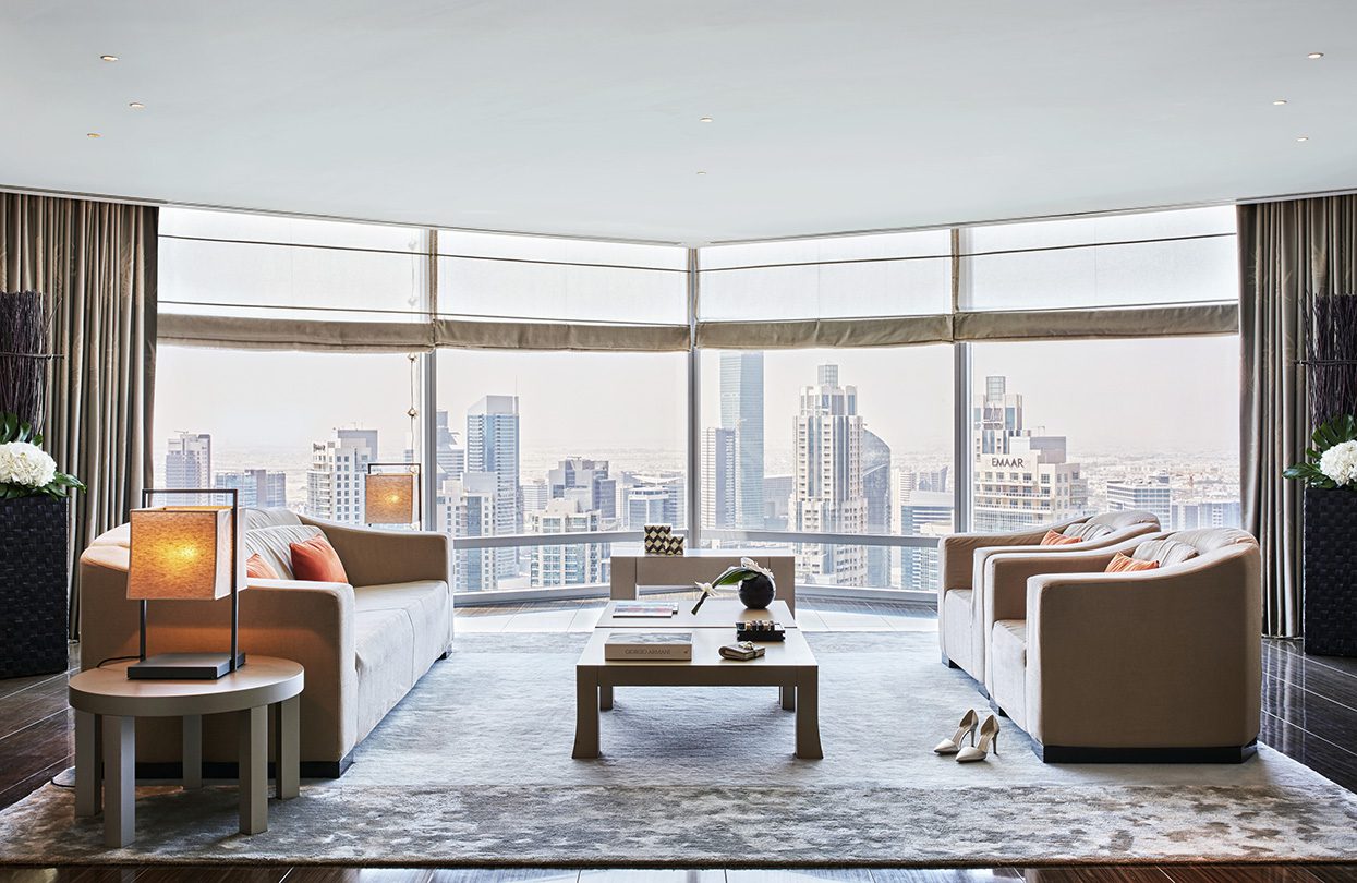 Armani Hotel Dubai's signature suite living room, photo by Armani Dubai | World Travel Magazine Armani Hotel Dubai's signature suite living room, photo by Armani Dubai